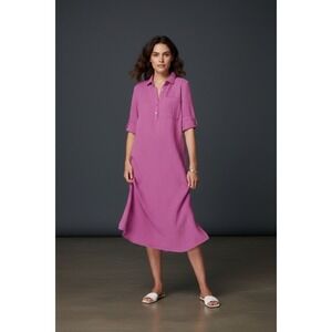 J. Jill Orchid Gauze Shirt Dress Style Midi 3/4 Roll Tab Sleeve Cotton Sz. MP